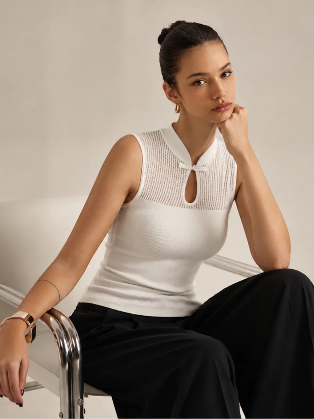 Mandarin Collar Hollow Knit Tank Top - brand new